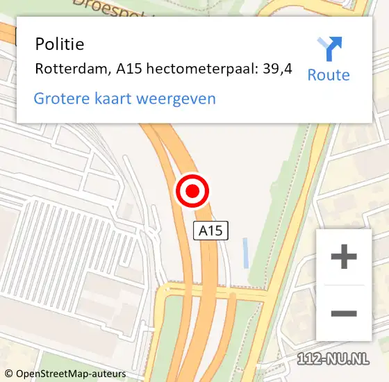 Locatie op kaart van de 112 melding: Politie Rotterdam, A15 hectometerpaal: 39,4 op 4 juli 2024 04:59