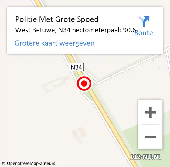 Locatie op kaart van de 112 melding: Politie Met Grote Spoed Naar West Betuwe, N34 hectometerpaal: 90,6 op 4 juli 2024 08:02