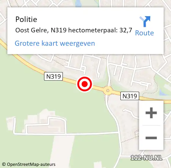 Locatie op kaart van de 112 melding: Politie Oost Gelre, N319 hectometerpaal: 32,7 op 4 juli 2024 08:38