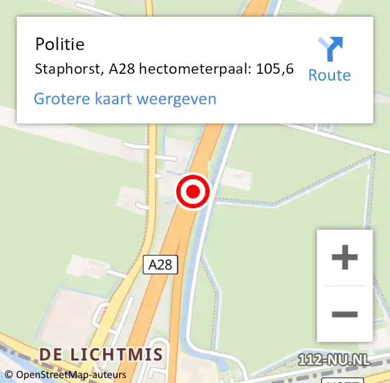 Locatie op kaart van de 112 melding: Politie Staphorst, A28 hectometerpaal: 105,6 op 4 juli 2024 08:43