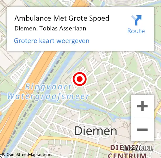 Locatie op kaart van de 112 melding: Ambulance Met Grote Spoed Naar Diemen, Tobias Asserlaan op 4 juli 2024 08:58