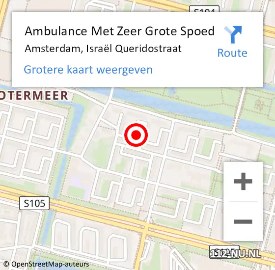 Locatie op kaart van de 112 melding: Ambulance Met Zeer Grote Spoed Naar Amsterdam, Israël Queridostraat op 4 juli 2024 10:09