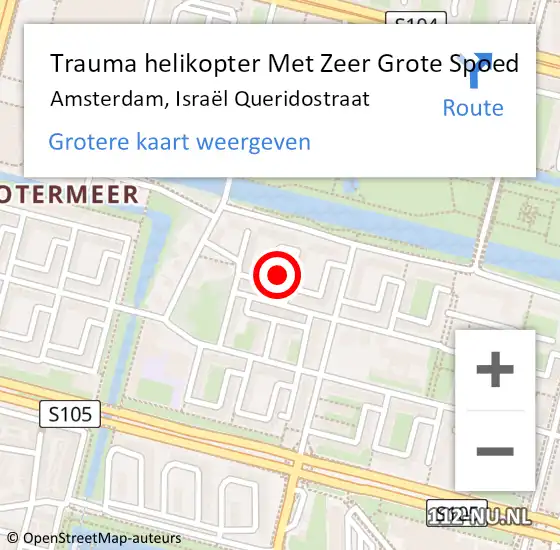 Locatie op kaart van de 112 melding: Trauma helikopter Met Zeer Grote Spoed Naar Amsterdam, Israël Queridostraat op 4 juli 2024 10:10