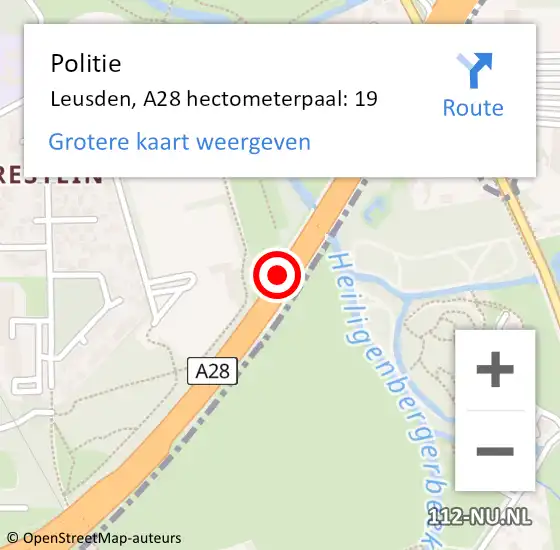 Locatie op kaart van de 112 melding: Politie Leusden, A28 hectometerpaal: 19 op 4 juli 2024 10:26