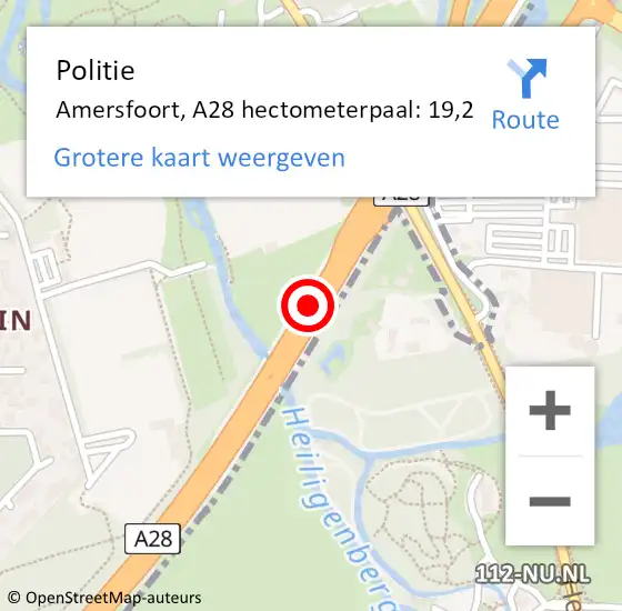 Locatie op kaart van de 112 melding: Politie Amersfoort, A28 hectometerpaal: 19,2 op 4 juli 2024 10:27