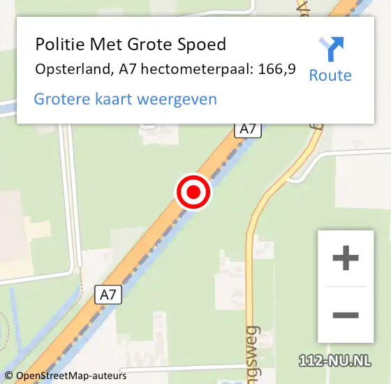 Locatie op kaart van de 112 melding: Politie Met Grote Spoed Naar Opsterland, A7 hectometerpaal: 166,9 op 4 juli 2024 11:22