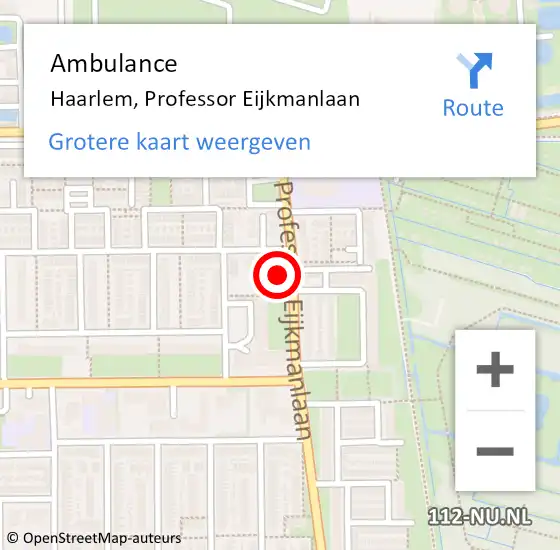 Locatie op kaart van de 112 melding: Ambulance Haarlem, Professor Eijkmanlaan op 4 juli 2024 13:24