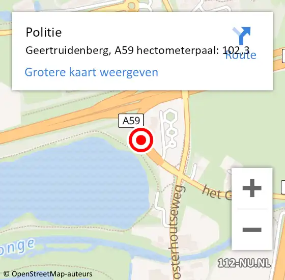 Locatie op kaart van de 112 melding: Politie Geertruidenberg, A59 hectometerpaal: 102,3 op 4 juli 2024 13:30
