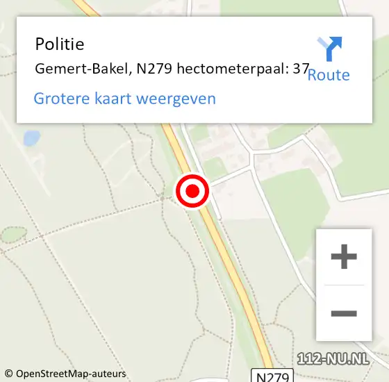 Locatie op kaart van de 112 melding: Politie Gemert-Bakel, N279 hectometerpaal: 37 op 4 juli 2024 15:30