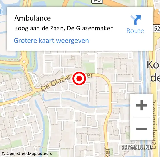 Locatie op kaart van de 112 melding: Ambulance Koog aan de Zaan, De Glazenmaker op 4 juli 2024 15:51