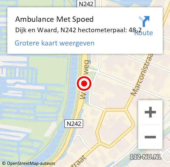 Locatie op kaart van de 112 melding: Ambulance Met Spoed Naar Dijk en Waard, N242 hectometerpaal: 48,2 op 4 juli 2024 16:29