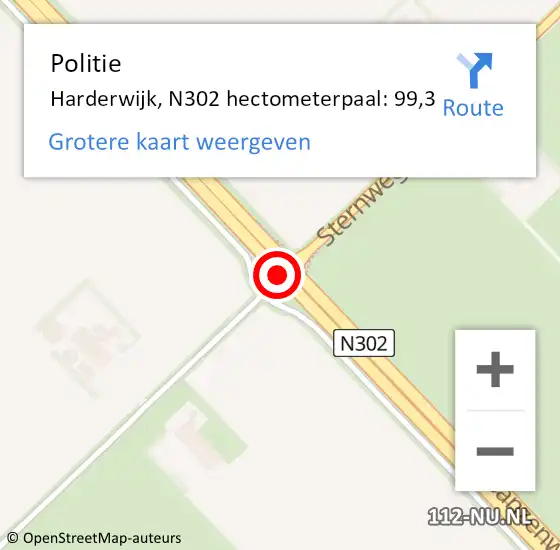 Locatie op kaart van de 112 melding: Politie Harderwijk, N302 hectometerpaal: 99,3 op 4 juli 2024 16:48