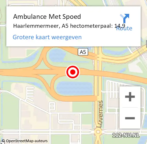 Locatie op kaart van de 112 melding: Ambulance Met Spoed Naar Haarlemmermeer, A5 hectometerpaal: 14,9 op 4 juli 2024 16:55