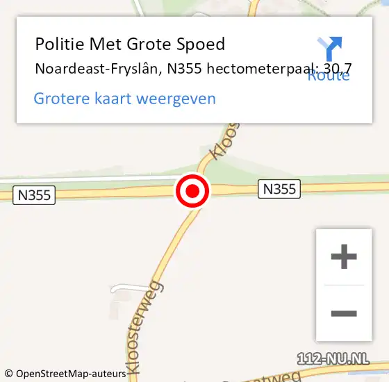 Locatie op kaart van de 112 melding: Politie Met Grote Spoed Naar Noardeast-Fryslân, N355 hectometerpaal: 30,7 op 4 juli 2024 16:57
