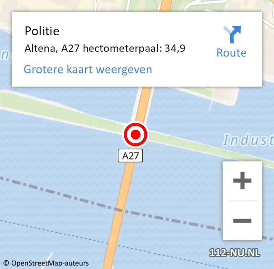 Locatie op kaart van de 112 melding: Politie Altena, A27 hectometerpaal: 34,9 op 4 juli 2024 17:38