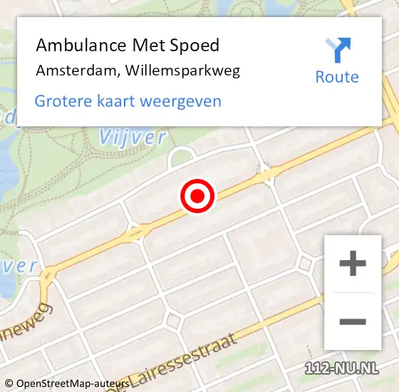 Locatie op kaart van de 112 melding: Ambulance Met Spoed Naar Amsterdam, Willemsparkweg op 4 juli 2024 17:51