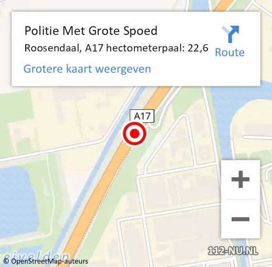 Locatie op kaart van de 112 melding: Politie Met Grote Spoed Naar Roosendaal, A17 hectometerpaal: 22,6 op 4 juli 2024 18:42