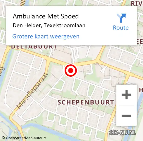 Locatie op kaart van de 112 melding: Ambulance Met Spoed Naar Den Helder, Texelstroomlaan op 4 juli 2024 18:51