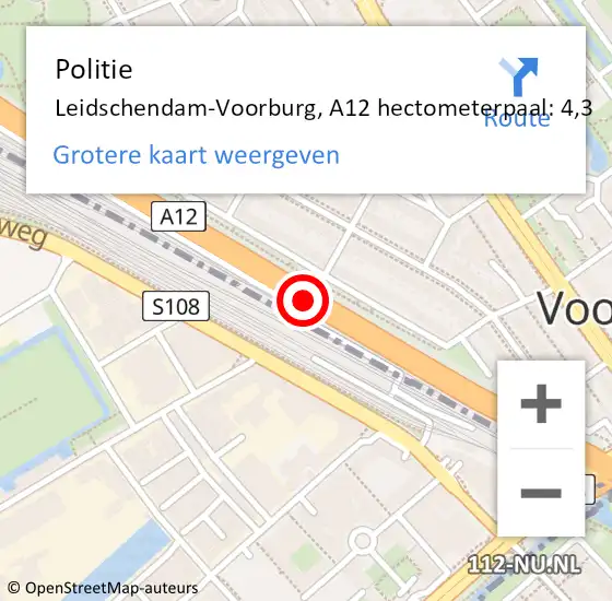 Locatie op kaart van de 112 melding: Politie Leidschendam-Voorburg, A12 hectometerpaal: 4,3 op 4 juli 2024 19:03