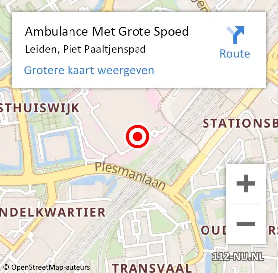 Locatie op kaart van de 112 melding: Ambulance Met Grote Spoed Naar Leiden, Piet Paaltjenspad op 4 juli 2024 19:46