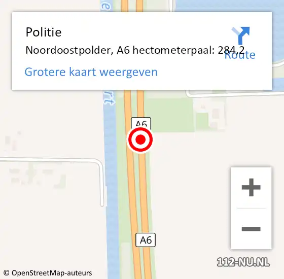 Locatie op kaart van de 112 melding: Politie Noordoostpolder, A6 hectometerpaal: 284,2 op 4 juli 2024 21:44