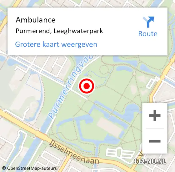 Locatie op kaart van de 112 melding: Ambulance Purmerend, Leeghwaterpark op 5 juli 2024 00:45