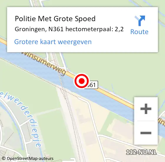Locatie op kaart van de 112 melding: Politie Met Grote Spoed Naar Groningen, N361 hectometerpaal: 2,2 op 5 juli 2024 01:17