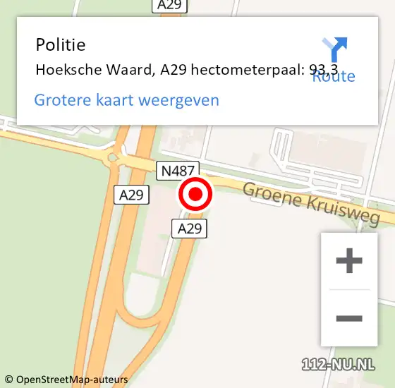 Locatie op kaart van de 112 melding: Politie Hoeksche Waard, A29 hectometerpaal: 93,3 op 5 juli 2024 01:33