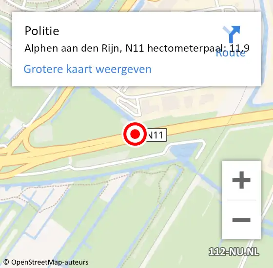 Locatie op kaart van de 112 melding: Politie Alphen aan den Rijn, N11 hectometerpaal: 11,9 op 5 juli 2024 02:40