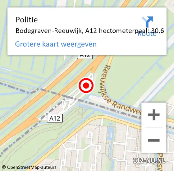 Locatie op kaart van de 112 melding: Politie Bodegraven-Reeuwijk, A12 hectometerpaal: 30,6 op 5 juli 2024 05:08
