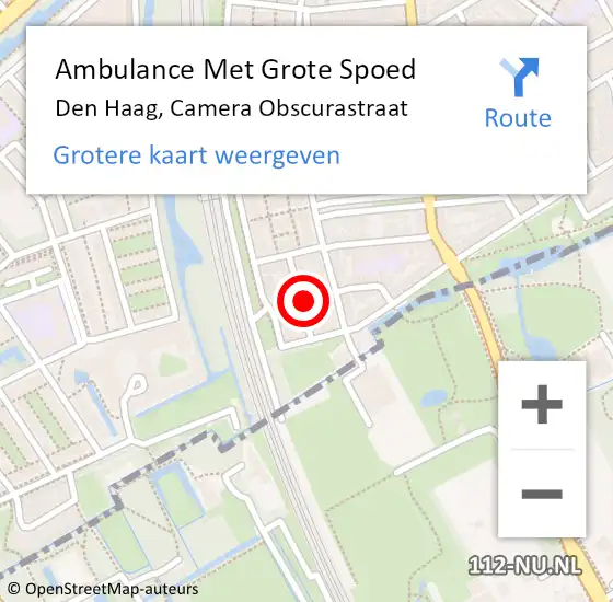 Locatie op kaart van de 112 melding: Ambulance Met Grote Spoed Naar Den Haag, Camera Obscurastraat op 5 juli 2024 08:42