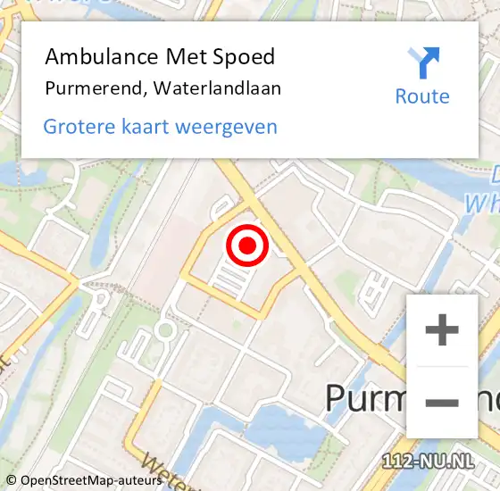 Locatie op kaart van de 112 melding: Ambulance Met Spoed Naar Purmerend, Waterlandlaan op 5 juli 2024 09:54