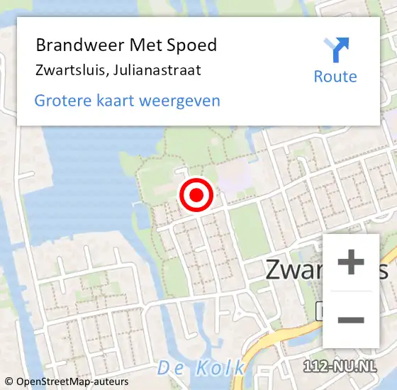 Locatie op kaart van de 112 melding: Brandweer Met Spoed Naar Zwartsluis, Julianastraat op 5 juli 2024 10:20