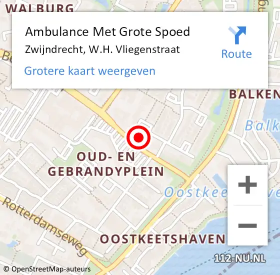 Locatie op kaart van de 112 melding: Ambulance Met Grote Spoed Naar Zwijndrecht, W.H. Vliegenstraat op 5 juli 2024 12:38