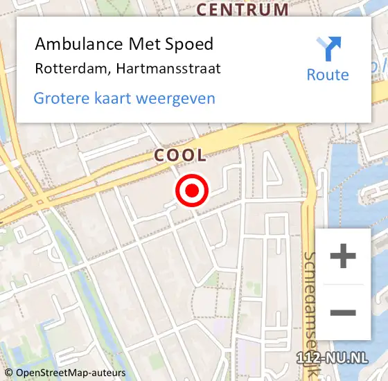 Locatie op kaart van de 112 melding: Ambulance Met Spoed Naar Rotterdam, Hartmansstraat op 5 juli 2024 13:43