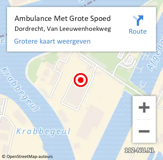 Locatie op kaart van de 112 melding: Ambulance Met Grote Spoed Naar Dordrecht, Van Leeuwenhoekweg op 5 juli 2024 14:46