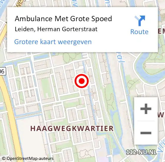 Locatie op kaart van de 112 melding: Ambulance Met Grote Spoed Naar Leiden, Herman Gorterstraat op 5 juli 2024 15:16