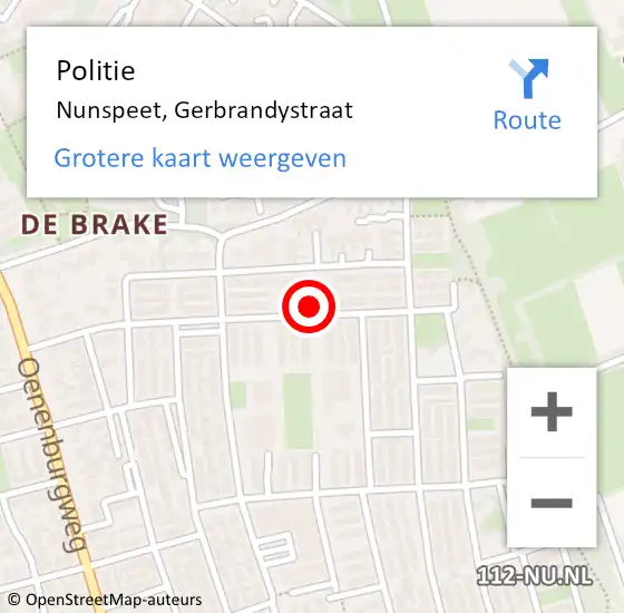 Locatie op kaart van de 112 melding: Politie Nunspeet, Gerbrandystraat op 5 juli 2024 15:39