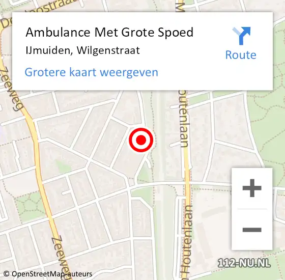 Locatie op kaart van de 112 melding: Ambulance Met Grote Spoed Naar IJmuiden, Wilgenstraat op 5 juli 2024 17:01