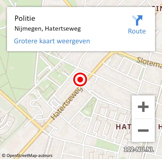 Locatie op kaart van de 112 melding: Politie Nijmegen, Hatertseweg op 5 juli 2024 17:05