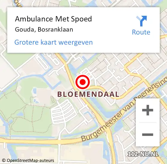 Locatie op kaart van de 112 melding: Ambulance Met Spoed Naar Gouda, Bosranklaan op 5 juli 2024 17:36