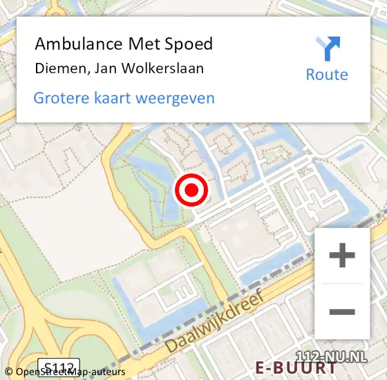 Locatie op kaart van de 112 melding: Ambulance Met Spoed Naar Diemen, Jan Wolkerslaan op 5 juli 2024 17:44