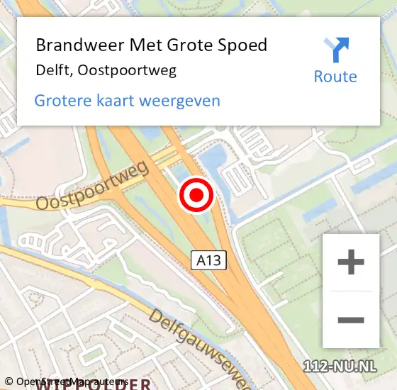 Locatie op kaart van de 112 melding: Brandweer Met Grote Spoed Naar Delft, Oostpoortweg op 5 juli 2024 19:05