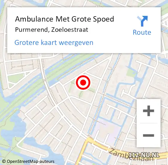 Locatie op kaart van de 112 melding: Ambulance Met Grote Spoed Naar Purmerend, Zoeloestraat op 5 juli 2024 19:20