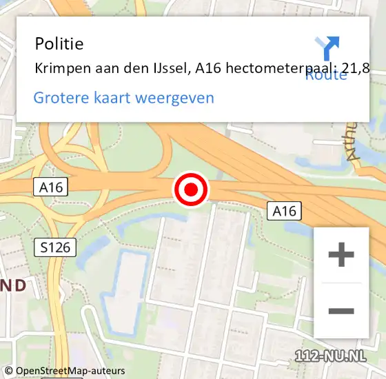 Locatie op kaart van de 112 melding: Politie Krimpen aan den IJssel, A16 hectometerpaal: 21,8 op 5 juli 2024 20:10