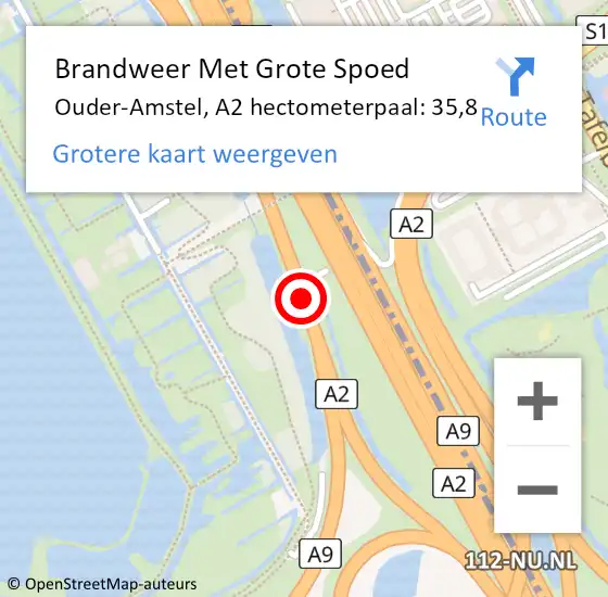 Locatie op kaart van de 112 melding: Brandweer Met Grote Spoed Naar Ouder-Amstel, A2 hectometerpaal: 35,8 op 5 juli 2024 20:32
