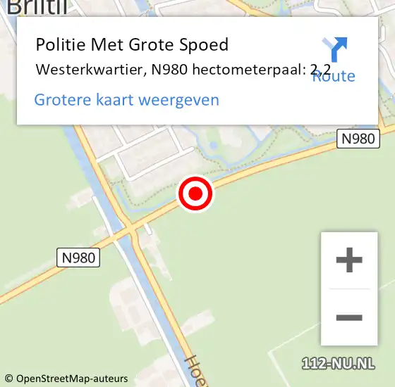 Locatie op kaart van de 112 melding: Politie Met Grote Spoed Naar Westerkwartier, N980 hectometerpaal: 2,2 op 5 juli 2024 21:00