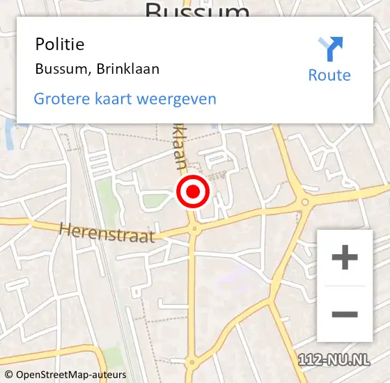 Locatie op kaart van de 112 melding: Politie Bussum, Brinklaan op 5 juli 2024 21:51