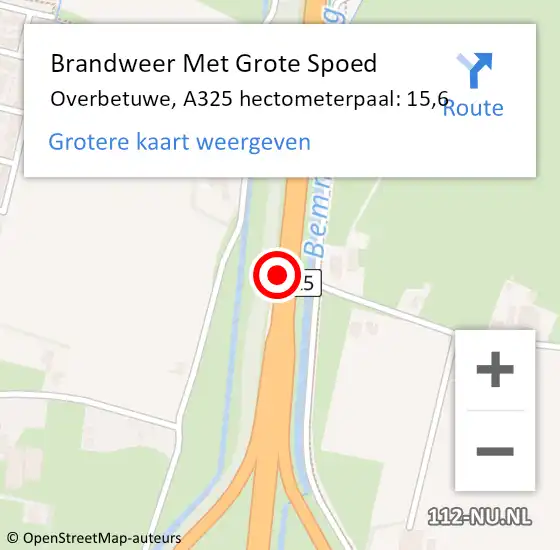 Locatie op kaart van de 112 melding: Brandweer Met Grote Spoed Naar Overbetuwe, A325 hectometerpaal: 15,6 op 5 juli 2024 21:59