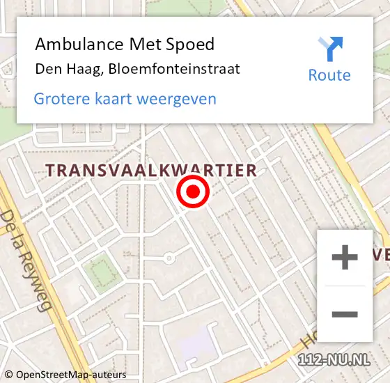 Locatie op kaart van de 112 melding: Ambulance Met Spoed Naar Den Haag, Bloemfonteinstraat op 5 juli 2024 22:14